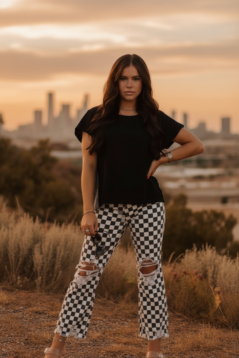 Black and White Finish Line Checkered Jeans