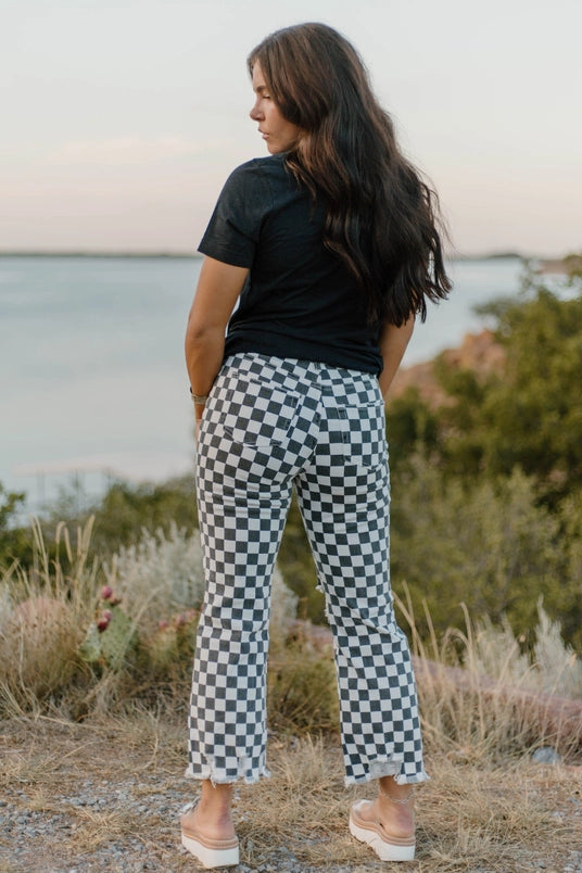 Black and White Finish Line Checkered Jeans