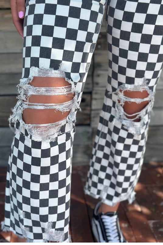 Black and White Finish Line Checkered Jeans