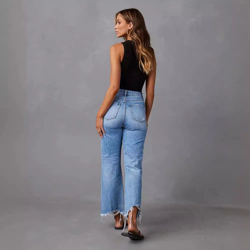 High-Waisted Distressed Denim Wide Leg Pants